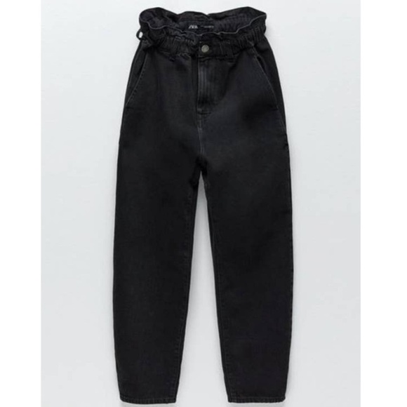 ZARA Baggy Slouchy Fit Paperbag Jeans High Waist Cropped Ankle Faded Black 8 - Picture 3 of 11